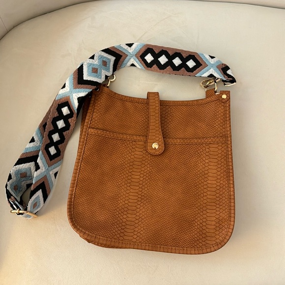 Handbags - Brown Faux Leather Snakeskin Purse with Embroidered Strap